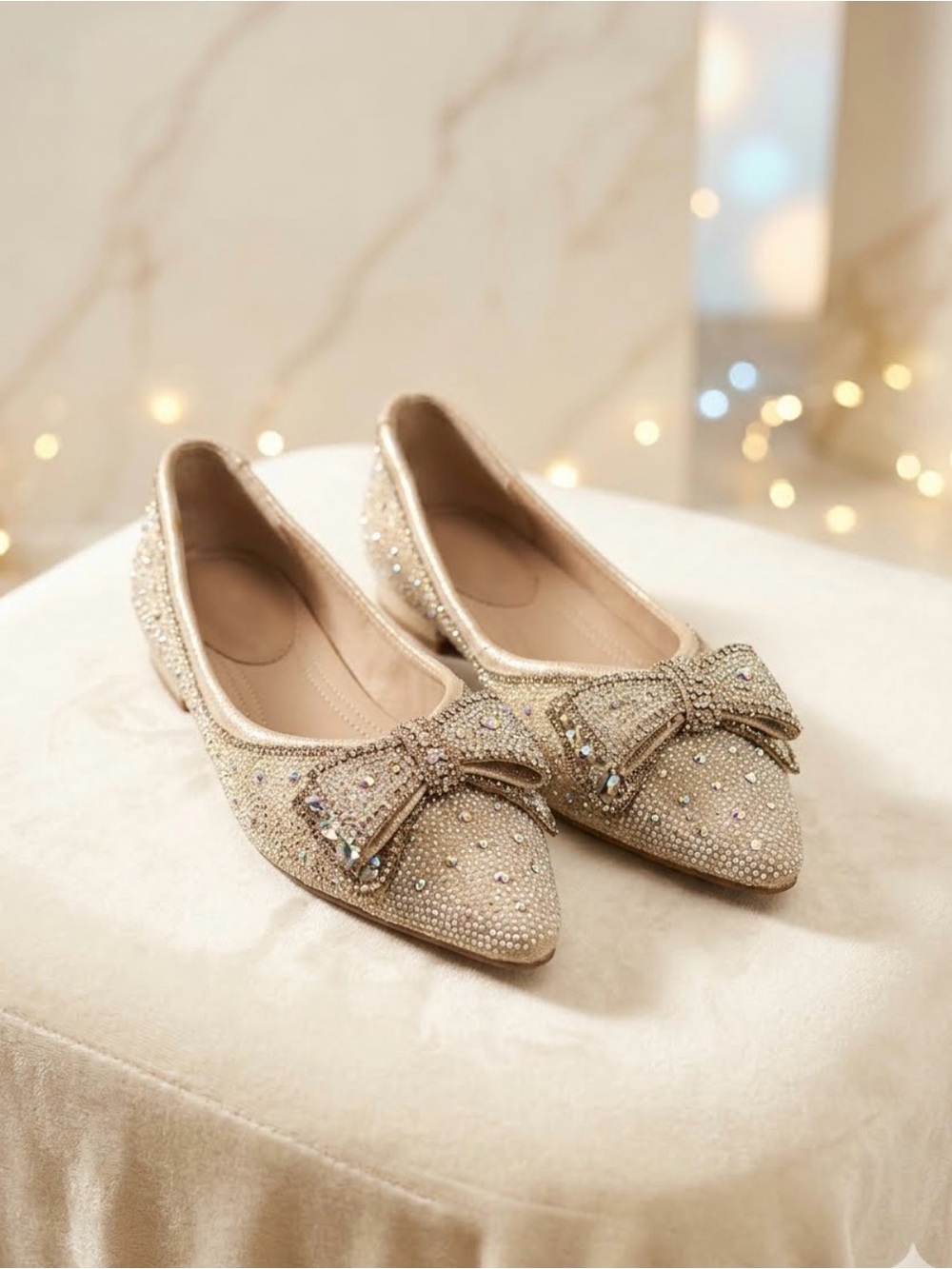 Crystal Bow Pointed-Toe Flats - Champagne Low Heel Size 9